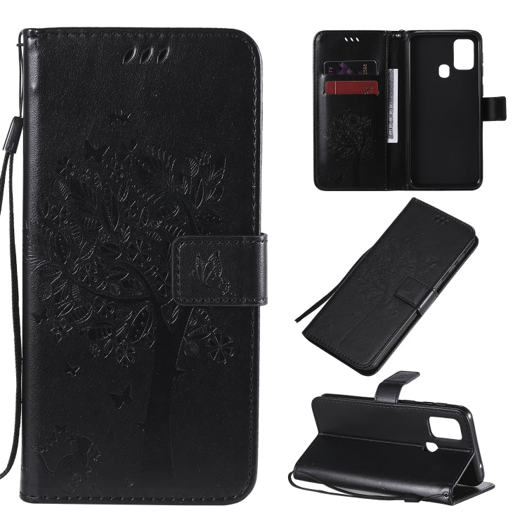 Tree & Cat Pattern Pressed Printing Horizontal Flip PU Leather Case with Holder & Card Slots & Wallet & Lanyard, For Galaxy M11 / A11, For Galaxy M31