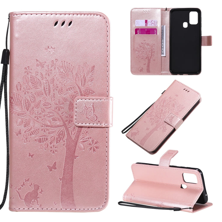 Tree & Cat Pattern Pressed Printing Horizontal Flip PU Leather Case with Holder & Card Slots & Wallet & Lanyard, For Galaxy M11 / A11, For Galaxy M31