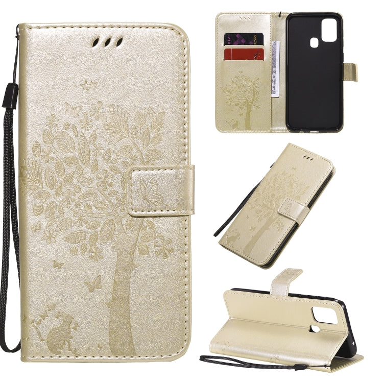 Tree & Cat Pattern Pressed Printing Horizontal Flip PU Leather Case with Holder & Card Slots & Wallet & Lanyard, For Galaxy M11 / A11, For Galaxy M31