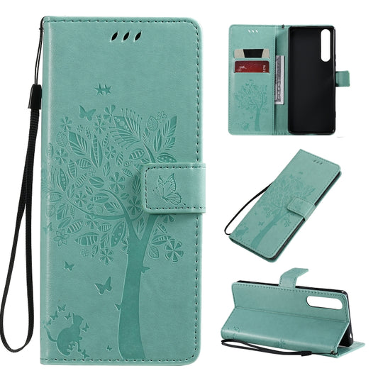 Tree and cat pattern PU leather flip case with card slots for Sony Xperia 1 II