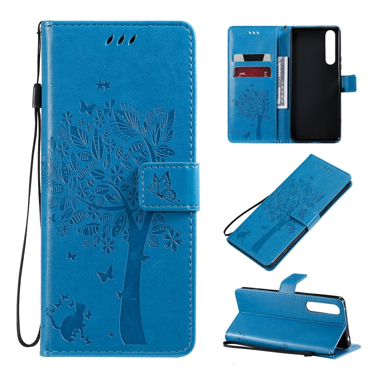Tree & Cat Pattern Pressed Printing Horizontal Flip PU Leather Case with Holder & Card Slots & Wallet & Lanyard, For Sony Xperia 1 II, For Xiaomi Mi 10 5G / Mi 10 Pro 5G