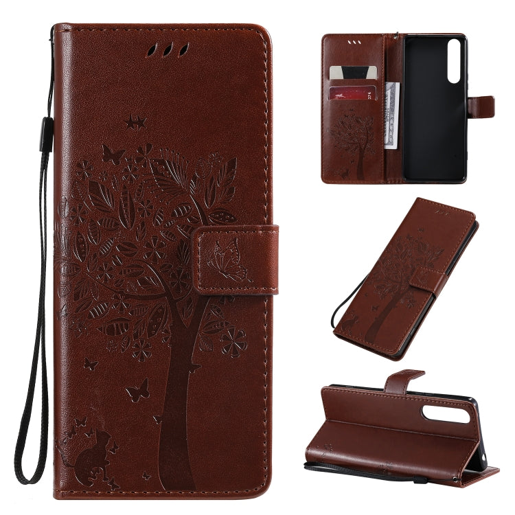 Tree & Cat Pattern Pressed Printing Horizontal Flip PU Leather Case with Holder & Card Slots & Wallet & Lanyard, For Sony Xperia 1 II, For Xiaomi Mi 10 5G / Mi 10 Pro 5G