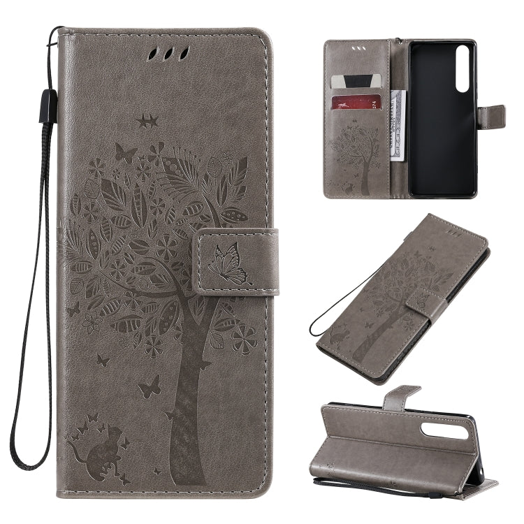 Tree & Cat Pattern Pressed Printing Horizontal Flip PU Leather Case with Holder & Card Slots & Wallet & Lanyard, For Sony Xperia 1 II, For Xiaomi Mi 10 5G / Mi 10 Pro 5G