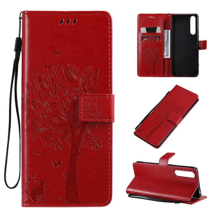Tree & Cat Pattern Pressed Printing Horizontal Flip PU Leather Case with Holder & Card Slots & Wallet & Lanyard, For Sony Xperia 1 II, For Xiaomi Mi 10 5G / Mi 10 Pro 5G