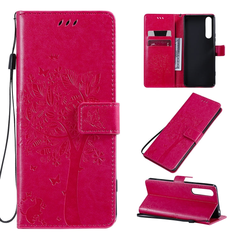 Tree & Cat Pattern Pressed Printing Horizontal Flip PU Leather Case with Holder & Card Slots & Wallet & Lanyard, For Sony Xperia 1 II, For Xiaomi Mi 10 5G / Mi 10 Pro 5G
