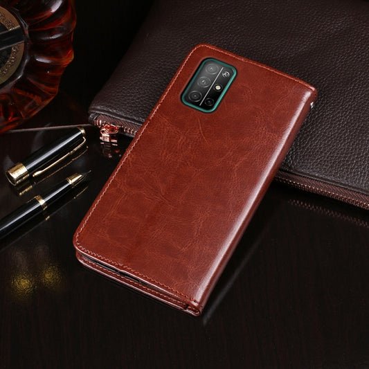 Close-up of embossed Crazy Horse leather texture on premium iPhone SE protective cover