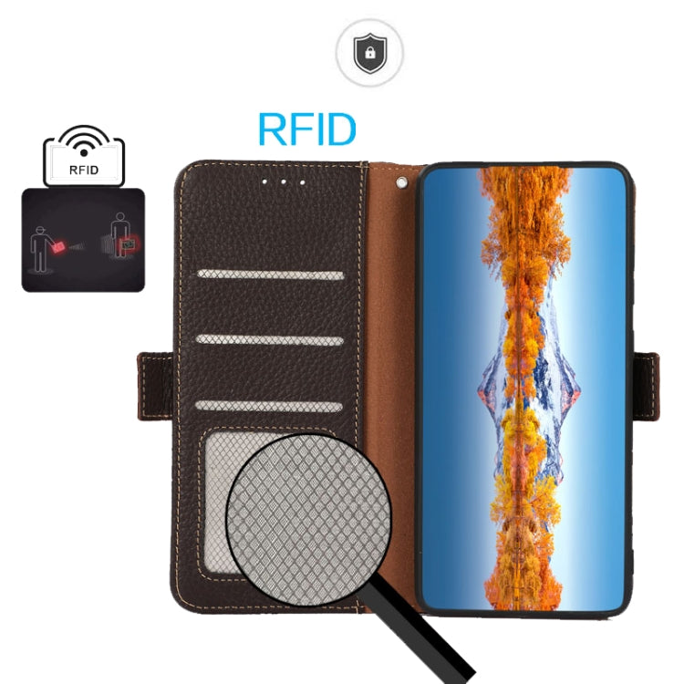 KHAZNEH Side-Magnetic Litchi Genuine Leather RFID Phone Case, For Xiaomi Redmi Note 12 China, For Xiaomi Redmi Note 12 Pro 5G China, For Xiaomi Redmi Note 12 Pro+ China / Redmi Note 12 Explorer