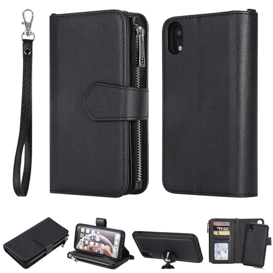Dual-layer iPhone XR shockproof case with card slots, bracket, and wallet function in solid color