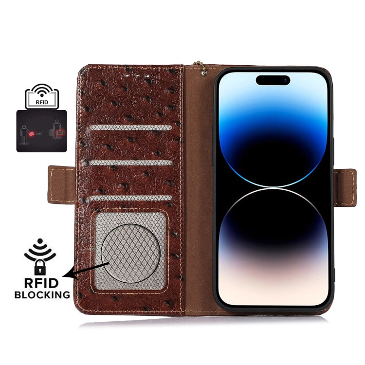 Ostrich Pattern Genuine Leather RFID Phone Case, For iPhone 15 Pro Max, For iPhone 15 Pro, For iPhone 15 Plus, For iPhone 15, For iPhone 14 Plus, For iPhone 14