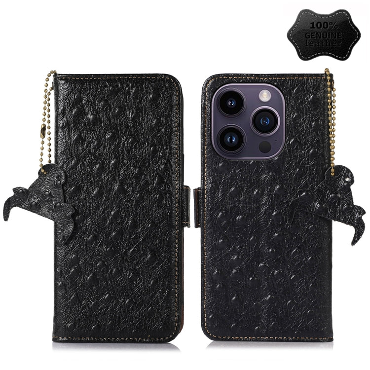 Ostrich Pattern Genuine Leather RFID Phone Case, For iPhone 15 Pro Max, For iPhone 15 Pro, For iPhone 15 Plus, For iPhone 15, For iPhone 14 Plus, For iPhone 14