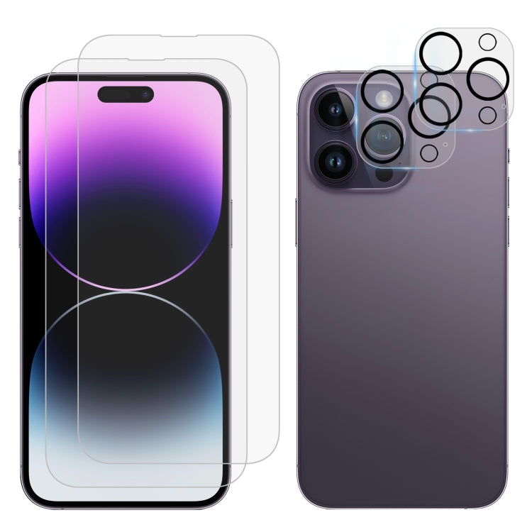 2pcs 0.26mm 9H 2.5D Tempered Glass Screen Film with 2pcs Lens Protector, For iPhone 14, For iPhone 14 Pro, For iPhone 13 Pro Max, For iPhone 12
