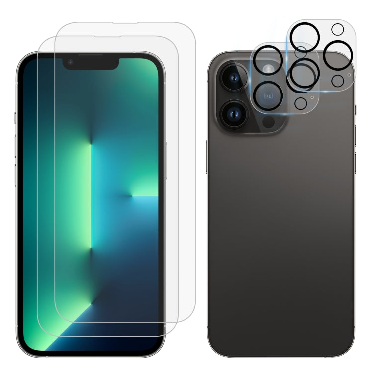 2pcs 0.26mm 9H 2.5D Tempered Glass Screen Film with 2pcs Lens Protector, For iPhone 14, For iPhone 14 Pro, For iPhone 13 Pro Max, For iPhone 12