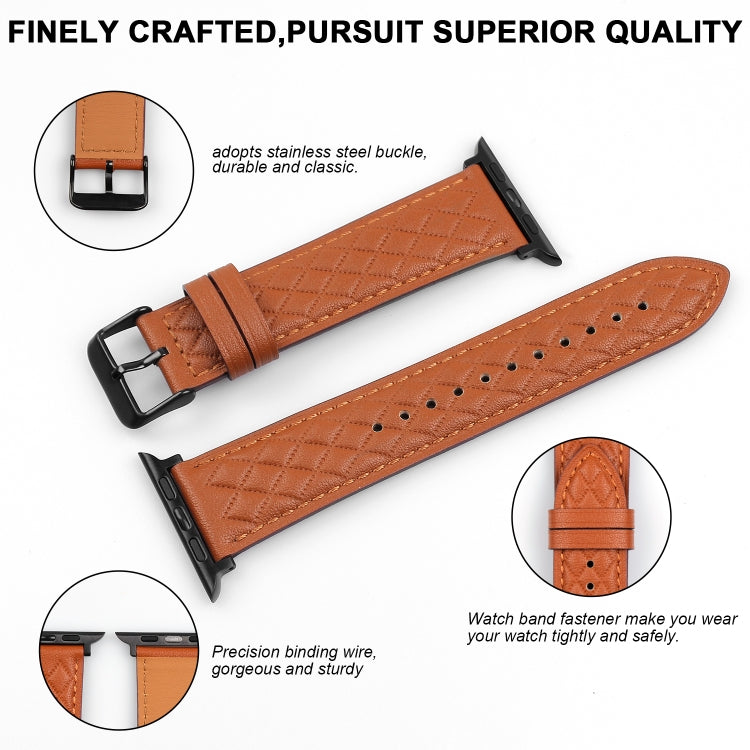 Rhombus Pattern Genuine Leather Watch Band For Apple Watch Series 8&7 45mm / SE 2&6&SE&5&4 44mm / 3&2&1 42mm, For Apple Watch Series 8&7 45mm / SE 2&6&SE&5&4 44mm / 3&2&1 42mm