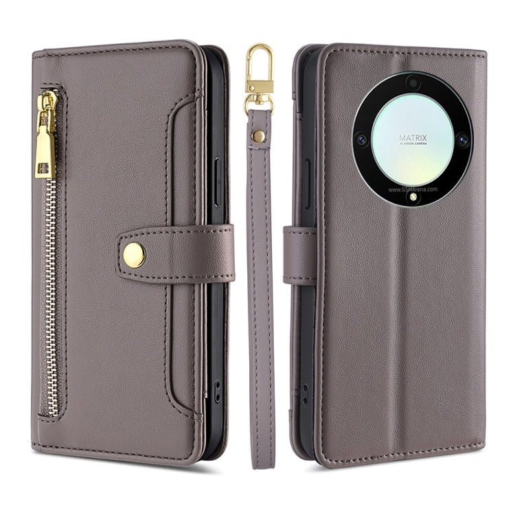 Sheep Texture Cross-body Zipper Wallet Leather Phone Case, For Honor X9a 5G