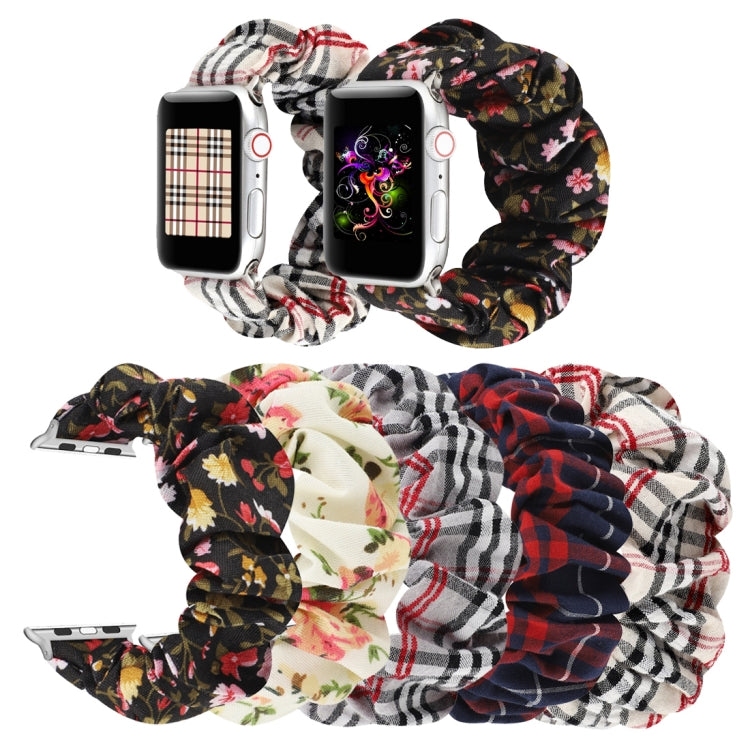 Plaid Flower Pattern Cloth Hair Ring Watchband, For Apple Watch Ultra 49mm / Series 8&7 45mm / SE 2&6&SE&5&4 44mm / 3&2&1 42mm, For Apple Watch Series 8&7 41mm / SE 2&6&SE&5&4 40mm / 3&2&1 38mm                                                           ...