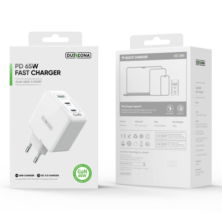 DUZZONA T9 65W Dual USB-C / Type-C+USB GaN Fast Charger, EU Plug, UK Plug