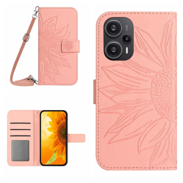 Skin Feel Sun Flower Embossed Flip Leather Phone Case with Lanyard