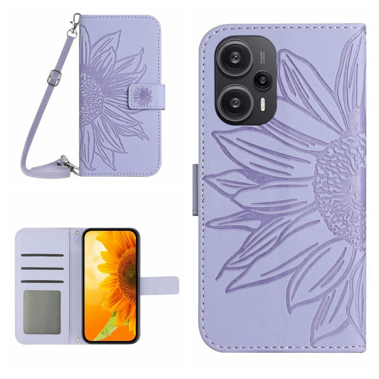 Skin Feel Sun Flower Embossed Flip Leather Phone Case with Lanyard