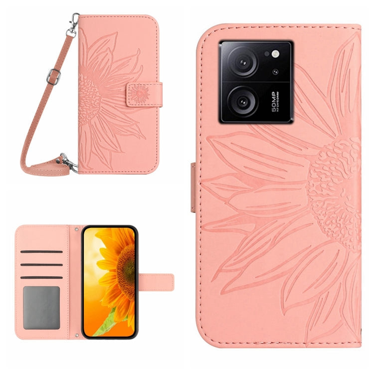Skin Feel Sun Flower Embossed Flip Leather Phone Case with Lanyard