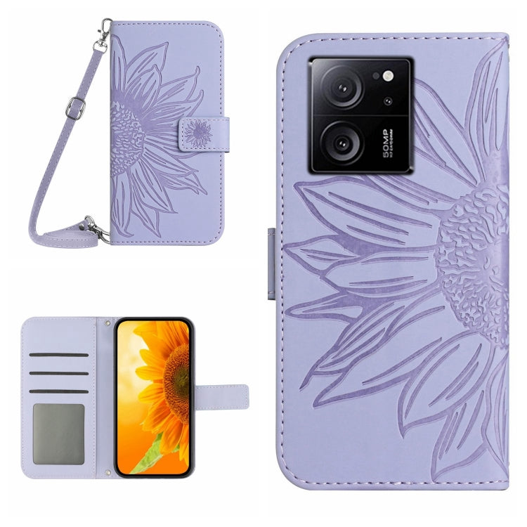 Skin Feel Sun Flower Embossed Flip Leather Phone Case with Lanyard