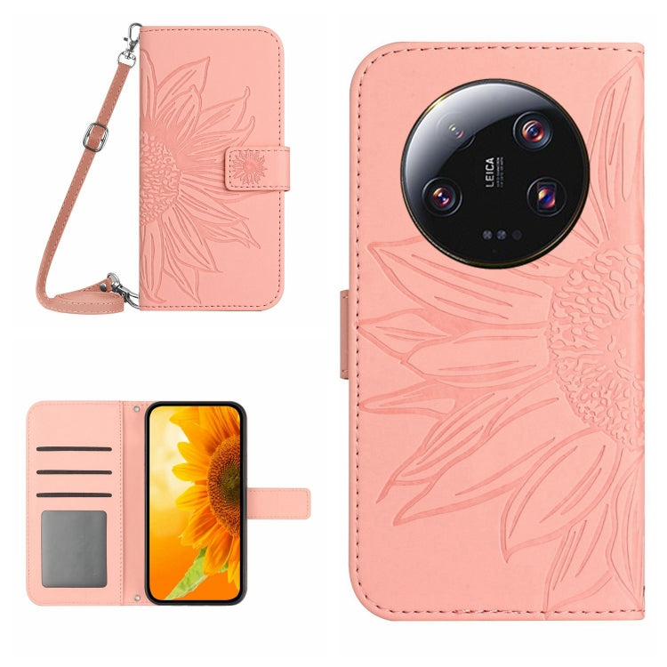 Skin Feel Sun Flower Embossed Flip Leather Phone Case with Lanyard
