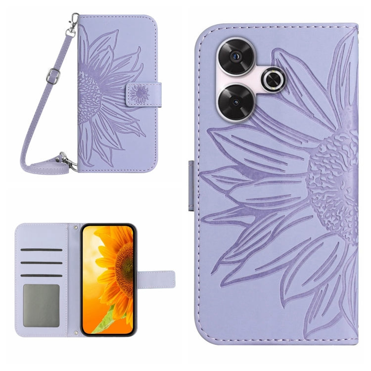 Skin Feel Sun Flower Embossed Flip Leather Phone Case with Lanyard