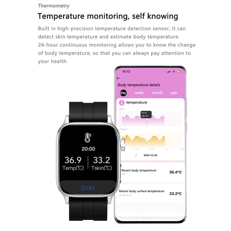 GT22 1.85 inch TFT Screen Silicone Band Health Smart Watch, Support Bluetooth Call / Plateau Blood Oxygen / Body Temperature / Arrhythmia / TI Heart Rate Monitoring, Silicone Band (Black), Silicone Band (Black Silver)