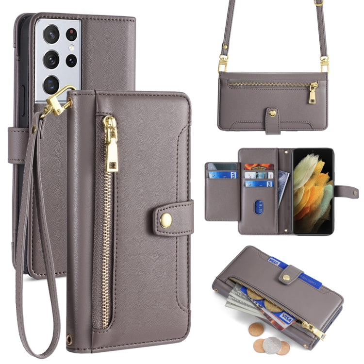Sheep Texture Cross-body Zipper Wallet Leather Phone Case