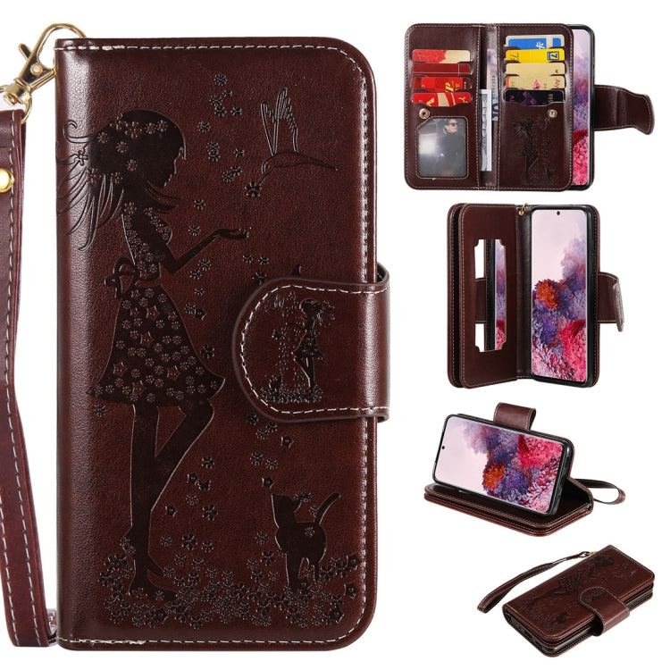 Woman and Cat Embossed Horizontal Flip Leather Case, with Card Slots & Holder & Wallet & Photo Frame & Mirror & Lanyard, For Samsung Galaxy S20, For Samsung Galaxy S20+