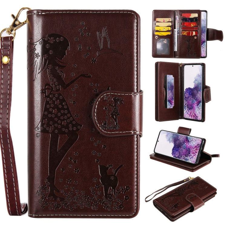 Woman and Cat Embossed Horizontal Flip Leather Case, with Card Slots & Holder & Wallet & Photo Frame & Mirror & Lanyard, For Samsung Galaxy S20, For Samsung Galaxy S20+