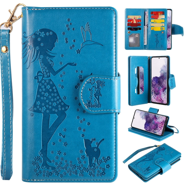 Woman and Cat Embossed Horizontal Flip Leather Case, with Card Slots & Holder & Wallet & Photo Frame & Mirror & Lanyard, For Samsung Galaxy S20, For Samsung Galaxy S20+
