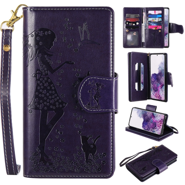 Woman and Cat Embossed Horizontal Flip Leather Case, with Card Slots & Holder & Wallet & Photo Frame & Mirror & Lanyard, For Samsung Galaxy S20, For Samsung Galaxy S20+