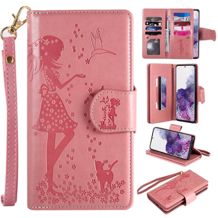 Woman and Cat Embossed Horizontal Flip Leather Case, with Card Slots & Holder & Wallet & Photo Frame & Mirror & Lanyard, For Samsung Galaxy S20, For Samsung Galaxy S20+