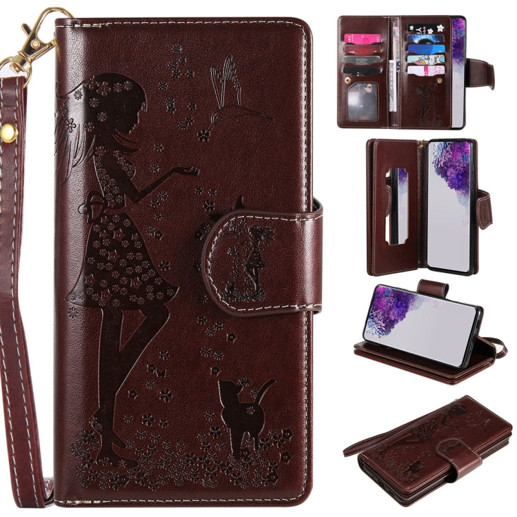 Woman and Cat Embossed Horizontal Flip Leather Case, with Card Slots & Holder & Wallet & Photo Frame & Mirror & Lanyard, For Samsung Galaxy S20 Ultra