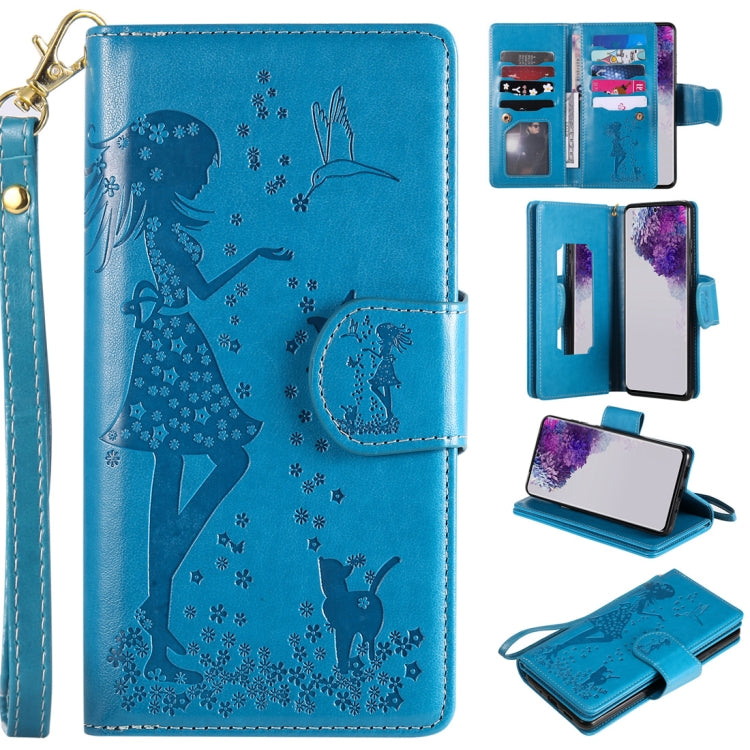 Woman and Cat Embossed Horizontal Flip Leather Case, with Card Slots & Holder & Wallet & Photo Frame & Mirror & Lanyard, For Samsung Galaxy S20 Ultra