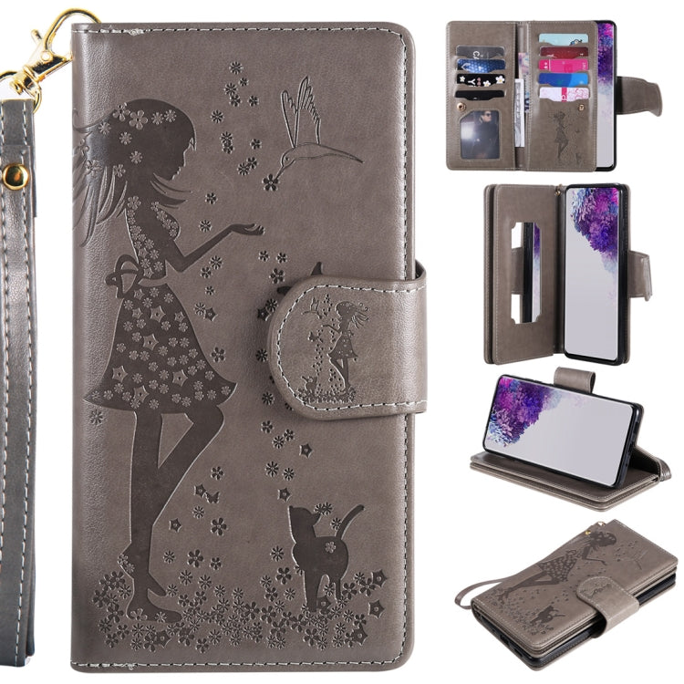 Woman and Cat Embossed Horizontal Flip Leather Case, with Card Slots & Holder & Wallet & Photo Frame & Mirror & Lanyard, For Samsung Galaxy S20 Ultra