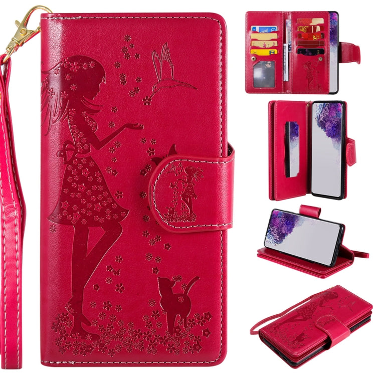 Woman and Cat Embossed Horizontal Flip Leather Case, with Card Slots & Holder & Wallet & Photo Frame & Mirror & Lanyard, For Samsung Galaxy S20 Ultra
