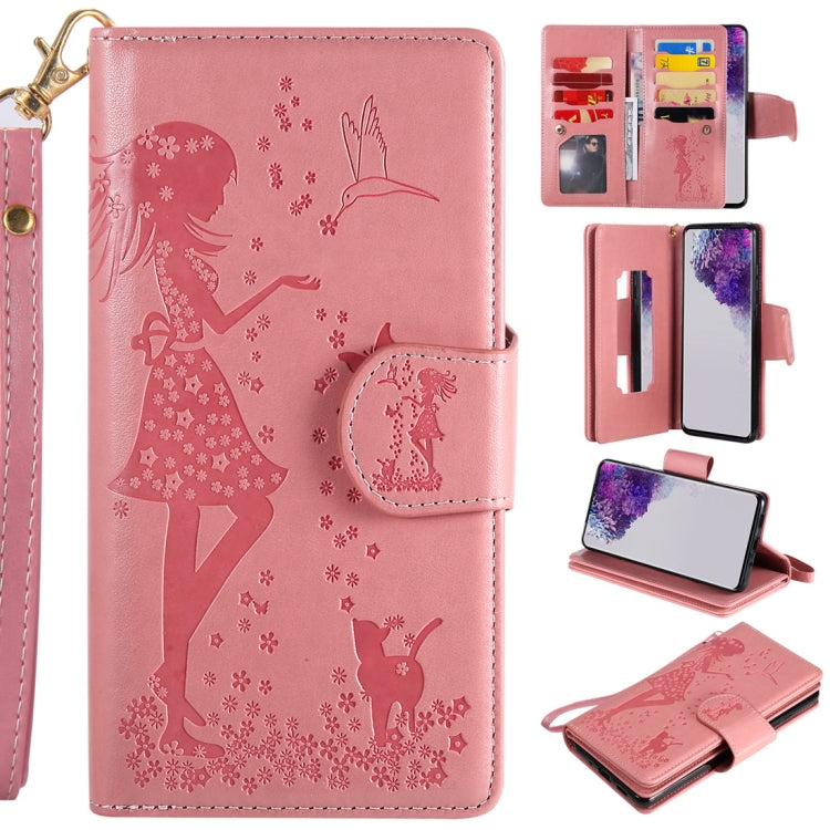 Woman and Cat Embossed Horizontal Flip Leather Case, with Card Slots & Holder & Wallet & Photo Frame & Mirror & Lanyard, For Samsung Galaxy S20 Ultra