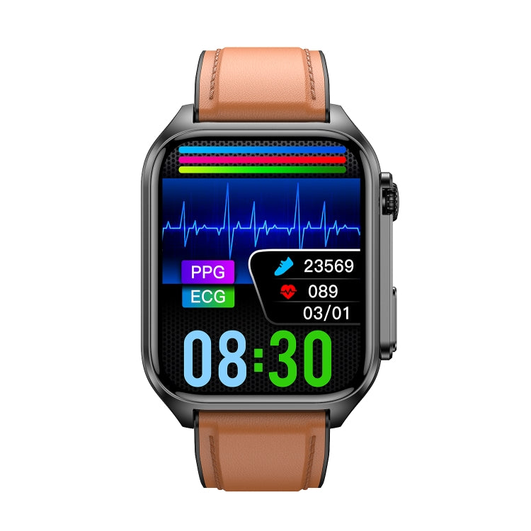 Montre connectée TK12 1,96 pouce, bracelet en cuir, étanche IP67, prise en charge de l'ECG, des soins familiaux à distance, des appels Bluetooth et de la surveillance de la température corporelle, bracelet en cuir (marron), bracelet en cuir (noir)