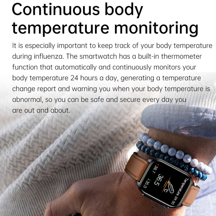 Montre connectée TK12 1,96 pouce, bracelet en cuir, étanche IP67, prise en charge de l'ECG, des soins familiaux à distance, des appels Bluetooth et de la surveillance de la température corporelle, bracelet en cuir (marron), bracelet en cuir (noir)