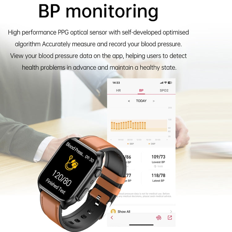 Montre connectée TK12 1,96 pouce, bracelet en cuir, étanche IP67, prise en charge de l'ECG, des soins familiaux à distance, des appels Bluetooth et de la surveillance de la température corporelle, bracelet en cuir (marron), bracelet en cuir (noir)