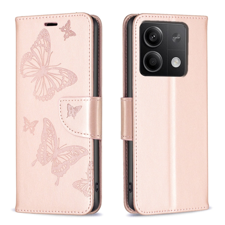 Étui en cuir gaufré à deux papillons pour Xiaomi Redmi Note 13 Pro 4G Global, Xiaomi Poco M6 Pro 4G, Xiaomi Redmi Note 13 4G Global, Xiaomi Redmi Note 13, Xiaomi Redmi 13C