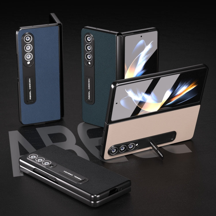 Integrated Genuine Leather + PC Litchi Texture Phone Case with Holder, For Samsung Galaxy Z Fold3 5G, For Samsung Galaxy Z Fold4 5G