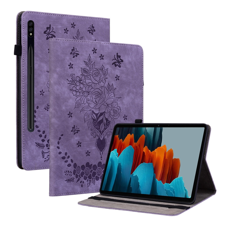 Butterfly Rose Embossed Leather Tablet Case, For Samsung Galaxy Tab S9, For Samsung Galaxy Tab S9+, For Samsung Galaxy Tab S8+ / S7+ / S7 FE, For Samsung Galaxy Tab S7 / S8