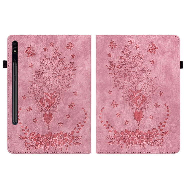 Butterfly Rose Embossed Leather Tablet Case, For Samsung Galaxy Tab S9, For Samsung Galaxy Tab S9+, For Samsung Galaxy Tab S8+ / S7+ / S7 FE, For Samsung Galaxy Tab S7 / S8