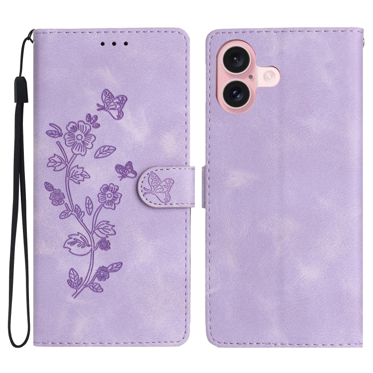 Flower Butterfly Embossing Pattern Leather Phone Case, For iPhone Air, For iPhone 16 Pro Max, For iPhone 16 Pro, For iPhone 16 Plus