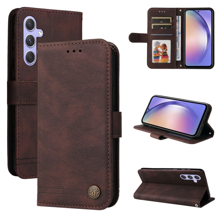 Skin Feel Life Tree Metal Button Leather Phone Case