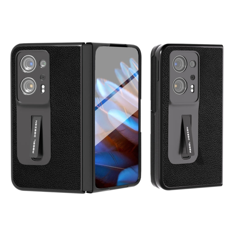 Integrated Black Edge Genuine Leather Mino Phone Case with Holder, For OPPO Find N2, For Xiaomi Mix Fold 2
