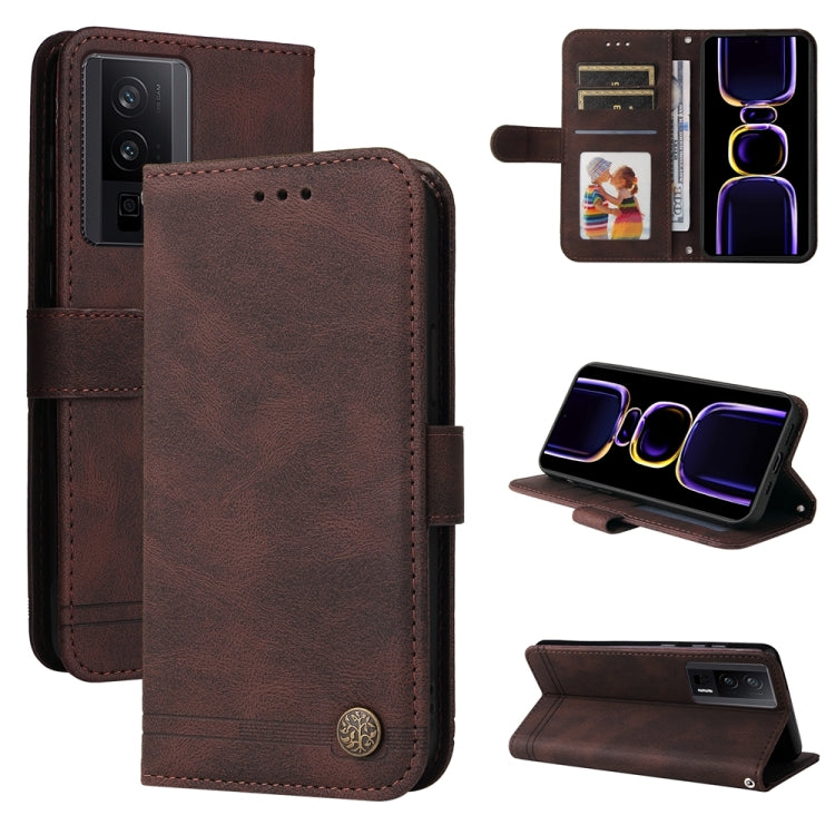 Skin Feel Life Tree Metal Button Leather Phone Case