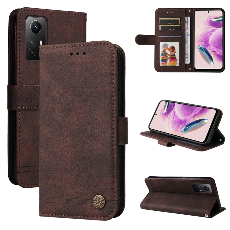 Skin Feel Life Tree Metal Button Leather Phone Case